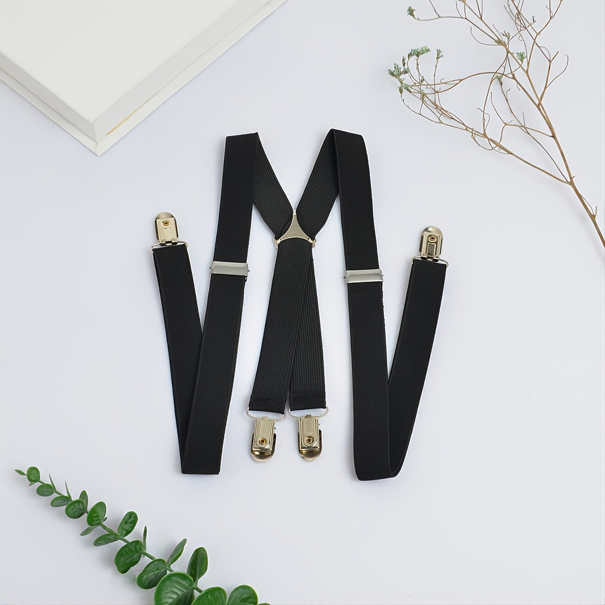 Men's Beige Black Striped Elastic Strap, Four Buckle Strap Overalls Suspenders