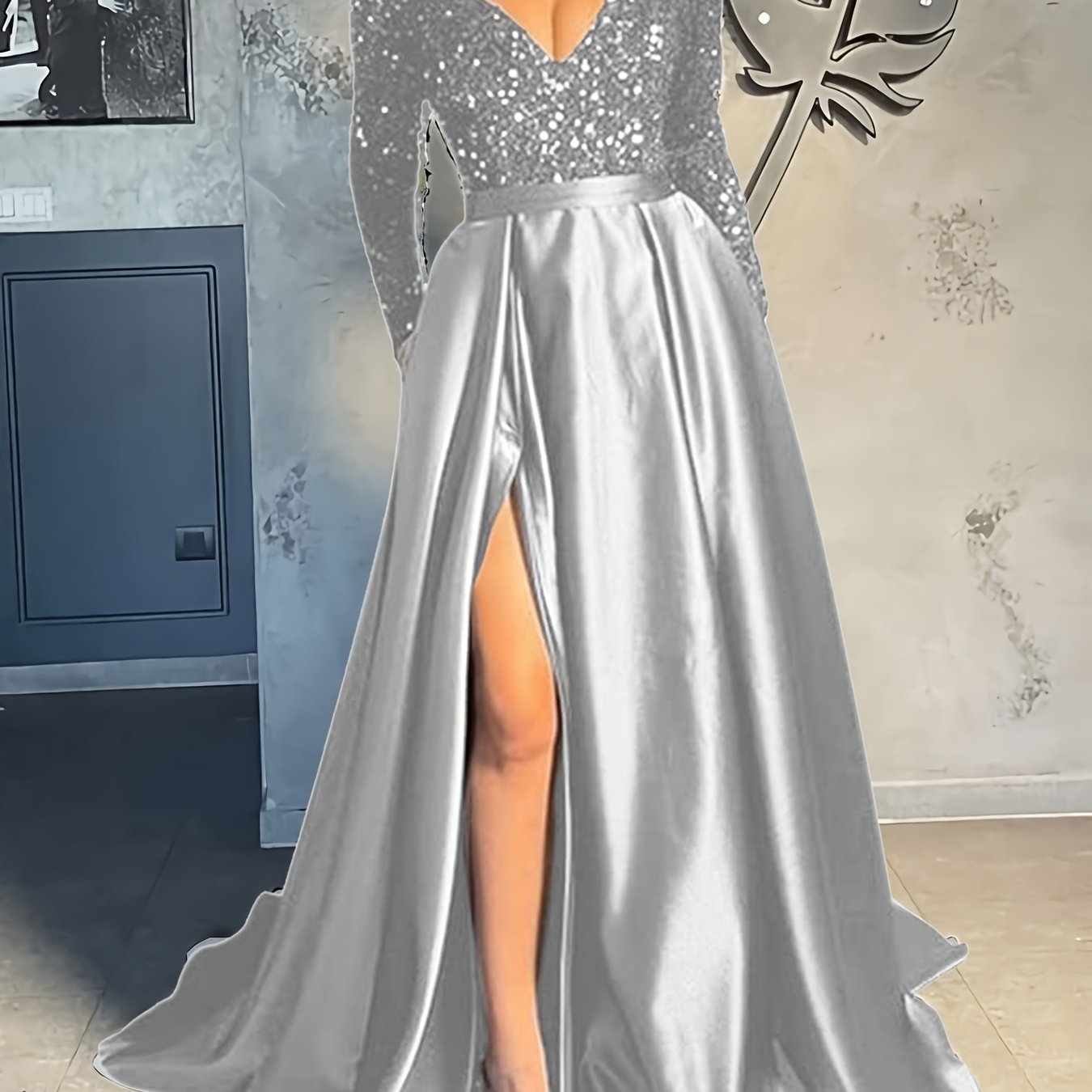 Sequin Prom Dress, Ball Gowns Formal Dress, Long Sleeve Evening Gown With Slit Satin Dress, Women's Clothing