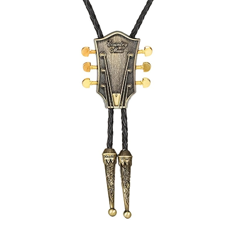 1pc Men's Bolo Tie Guitar Head, Copper And Silver Tie, Cowboy Western Rope Zinc Alloy Tie