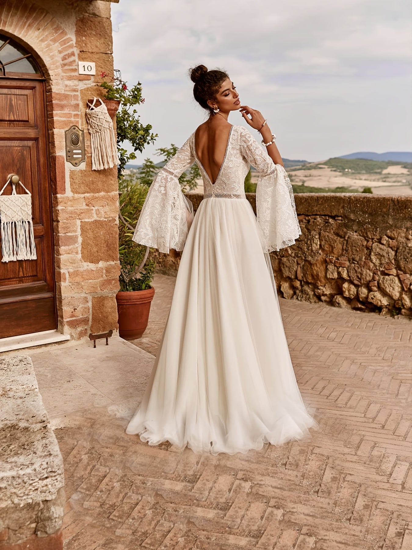 Solid Flared Sleeve High Waist Wedding Dress, Elegant Mesh Ruffled Hem Dress, Women's Clothing