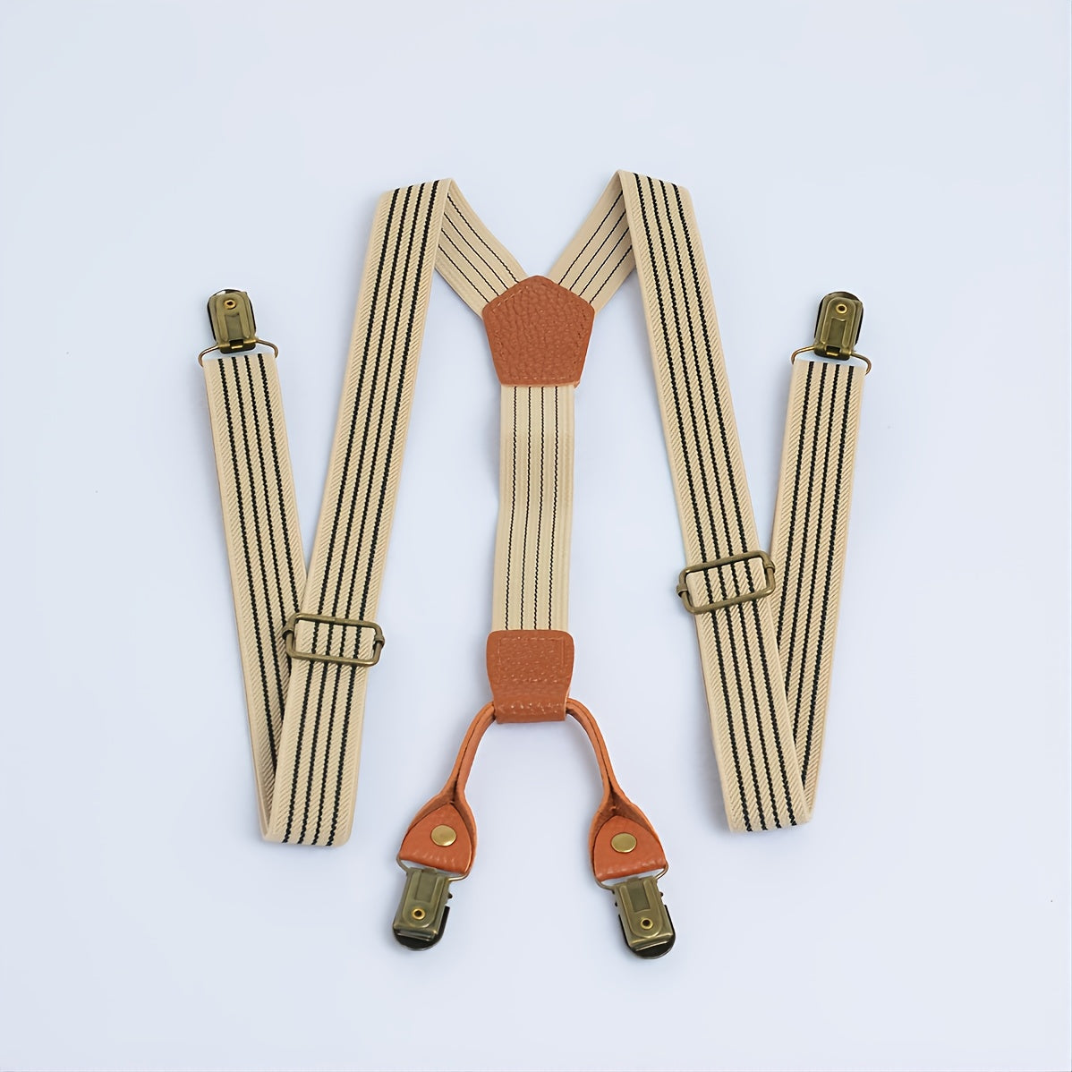 Men's Beige Black Striped Elastic Strap, Four Buckle Strap Overalls Suspenders