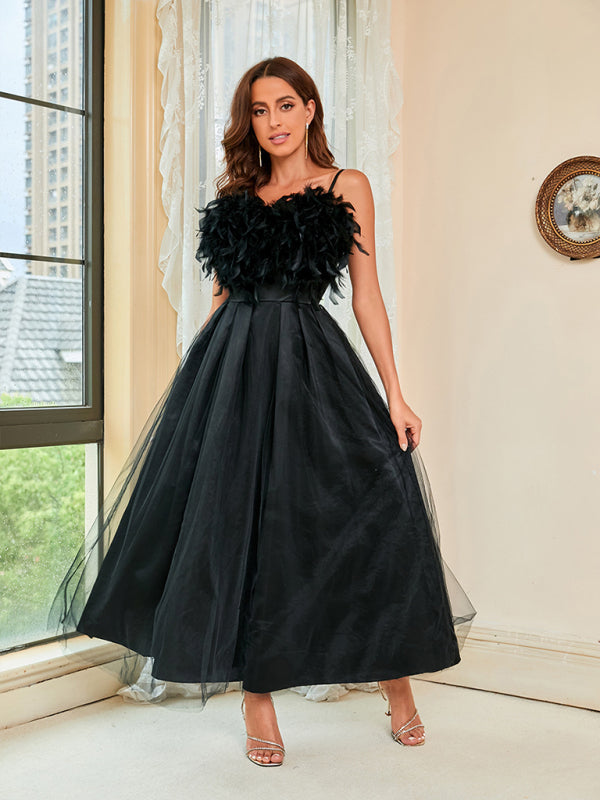 Woman'S Spring Summer New Feather Sling Mesh Dress