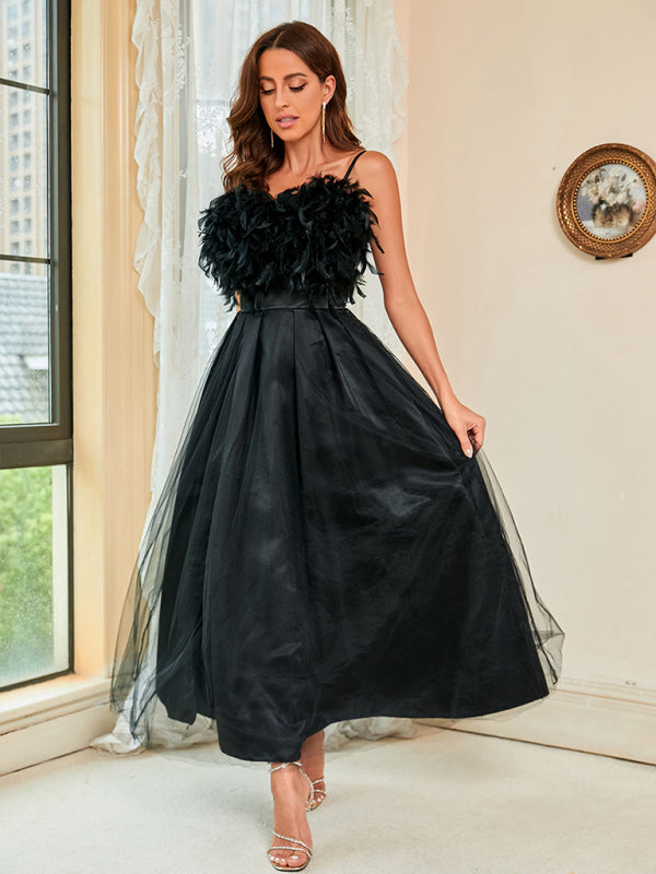 Woman'S Spring Summer New Feather Sling Mesh Dress