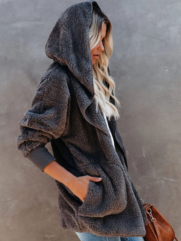 Women’s Open Front Sherpa Hoodie With Side Pockets