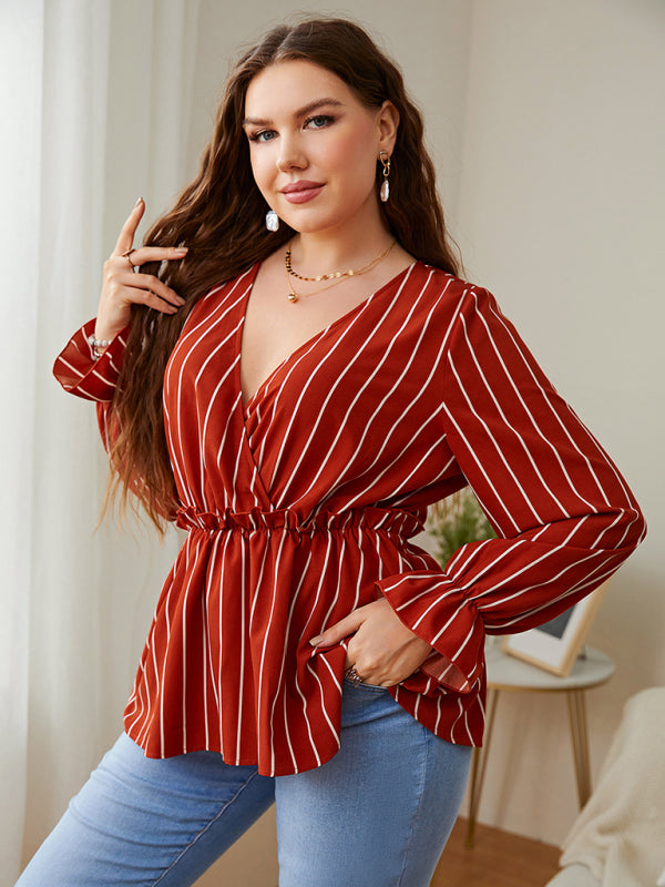 Women’s Stripe Faux Wrap Ruffle Long Sleeve Top