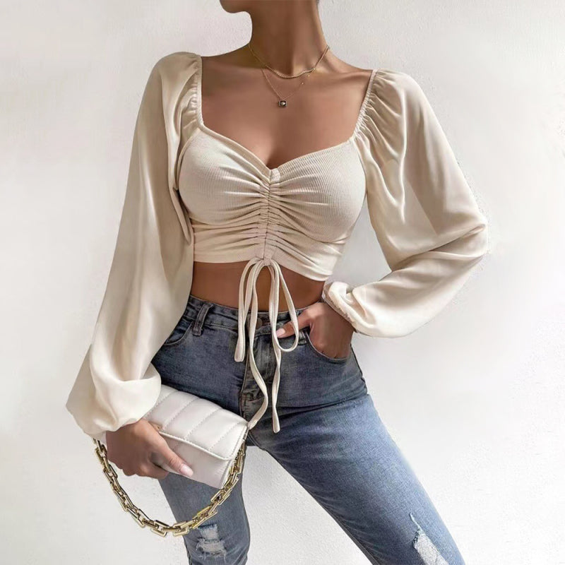Drawstring Knit Paneled Chiffon Top Feminine Top European and American