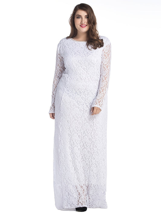 Plus Size Contrast Lace Round Neck Dress, Women's Plus Elegant Wedding Bridal Long Dress For Wedding