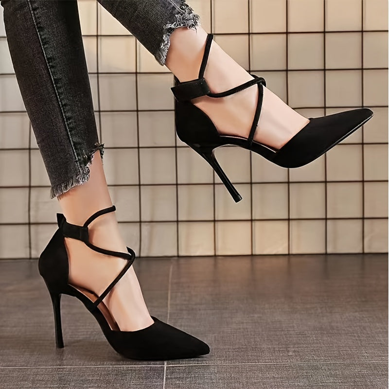 Women's Black Crisscross Strappy Pointed Toe Stiletto Heeled Shoes, Lace Up Wedding Pumps, Women's Footwear