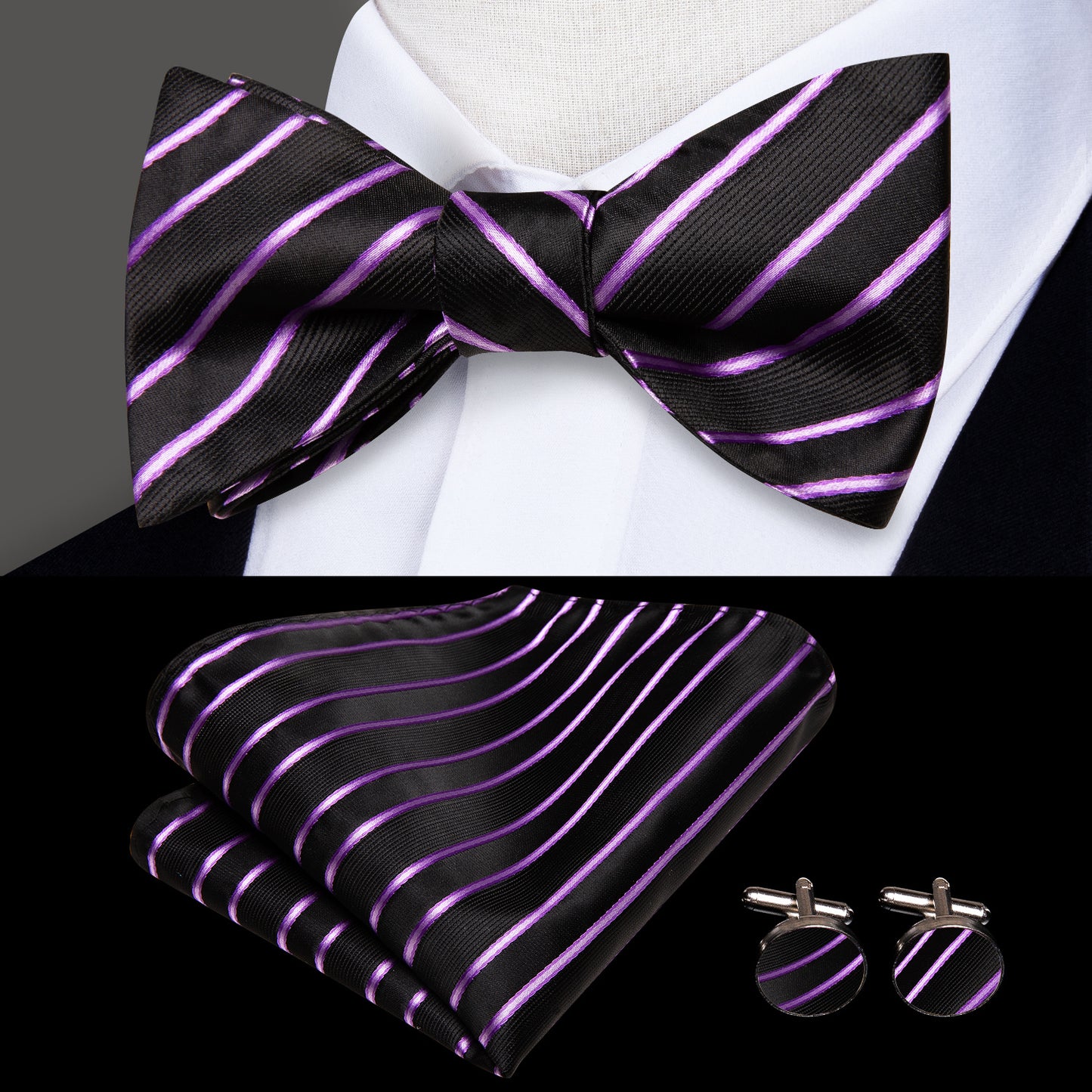 Men's Self Bow Ties Set Silk Necktie Bow Tie And Pocket Square Cufflinks Set Gift Box Packing