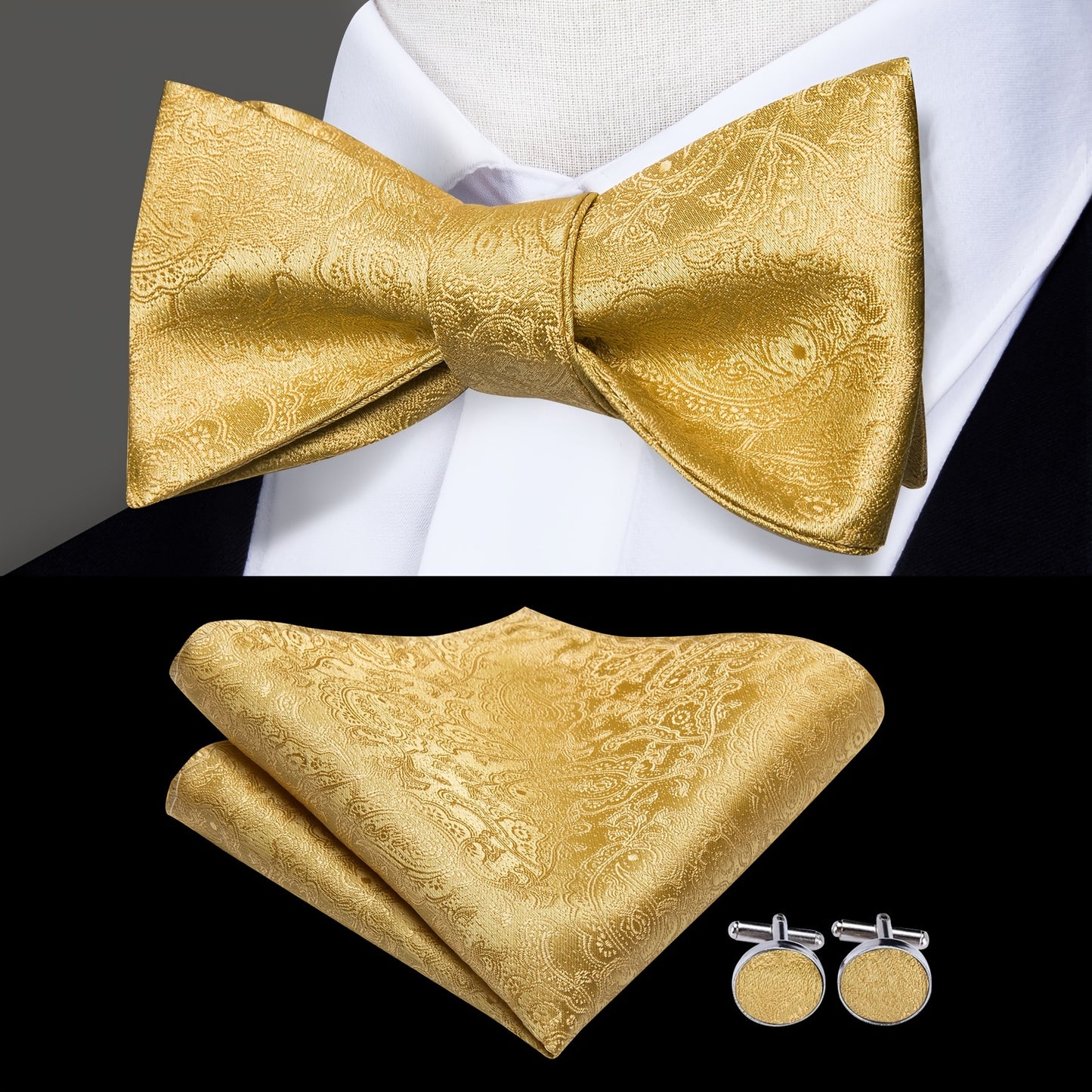 Men's Self Bow Ties Set Silk Necktie Bow Tie And Pocket Square Cufflinks Set Gift Box Packing