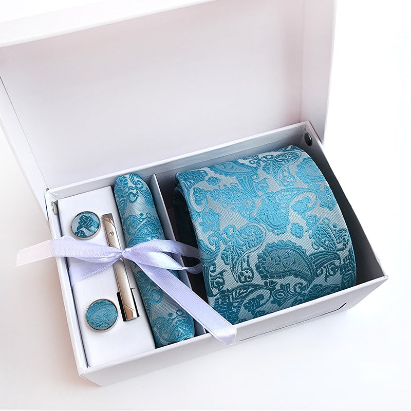 Men's Jacquard Polyester Silk Tie Gift Box, 6-piece Set Contains: Tie, Scarf, Cufflinks, Tie Clip, White Gift Box, Gift Bag