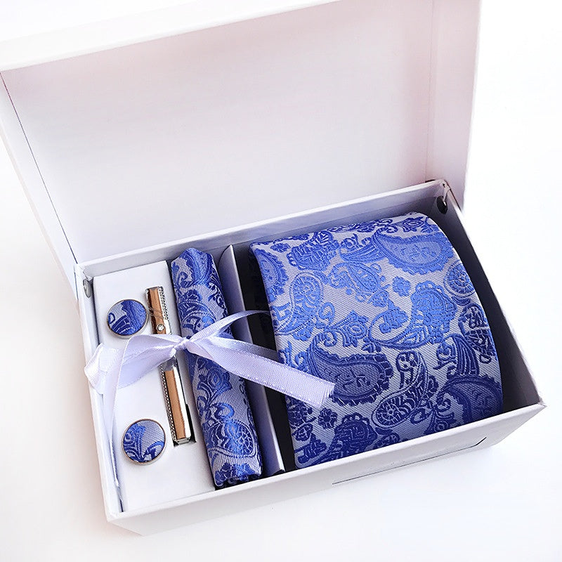 Men's Jacquard Polyester Silk Tie Gift Box, 6-piece Set Contains: Tie, Scarf, Cufflinks, Tie Clip, White Gift Box, Gift Bag