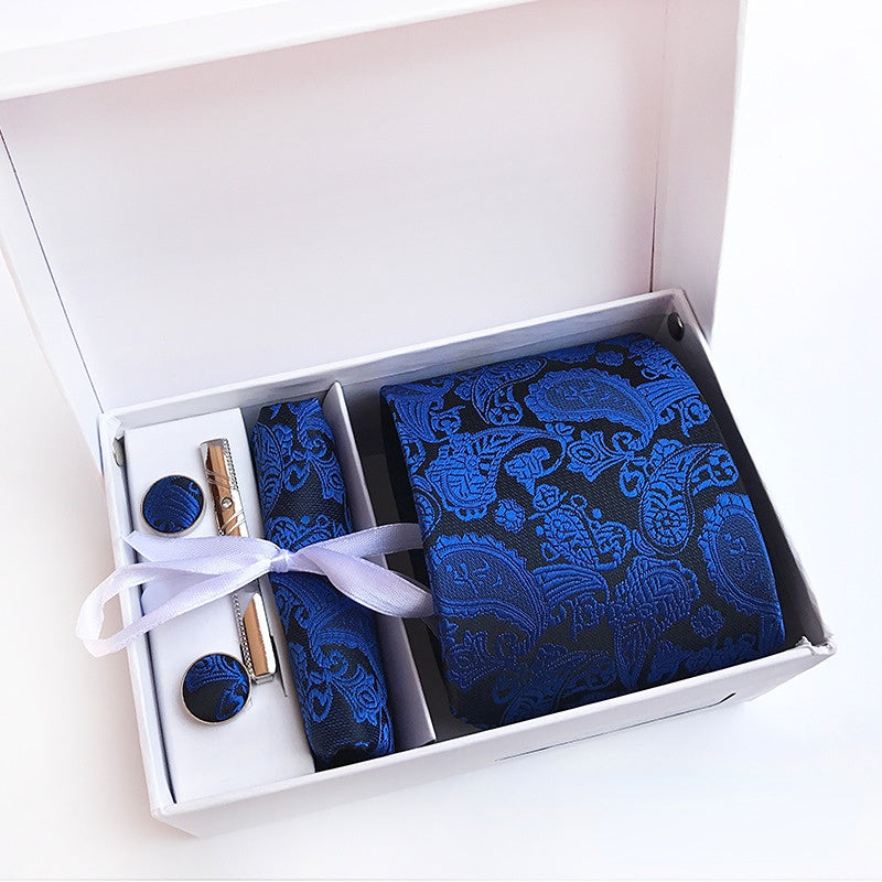 Men's Jacquard Polyester Silk Tie Gift Box, 6-piece Set Contains: Tie, Scarf, Cufflinks, Tie Clip, White Gift Box, Gift Bag