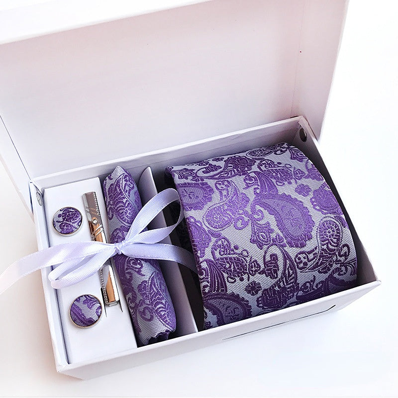 Men's Jacquard Polyester Silk Tie Gift Box, 6-piece Set Contains: Tie, Scarf, Cufflinks, Tie Clip, White Gift Box, Gift Bag