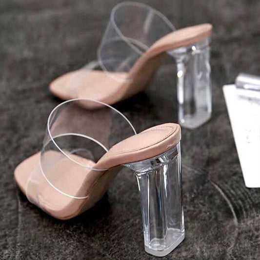 Women's Clear Chunky Heel Sandas, Transparent Open Toe & Square Toe Shoes, PVC High Heels