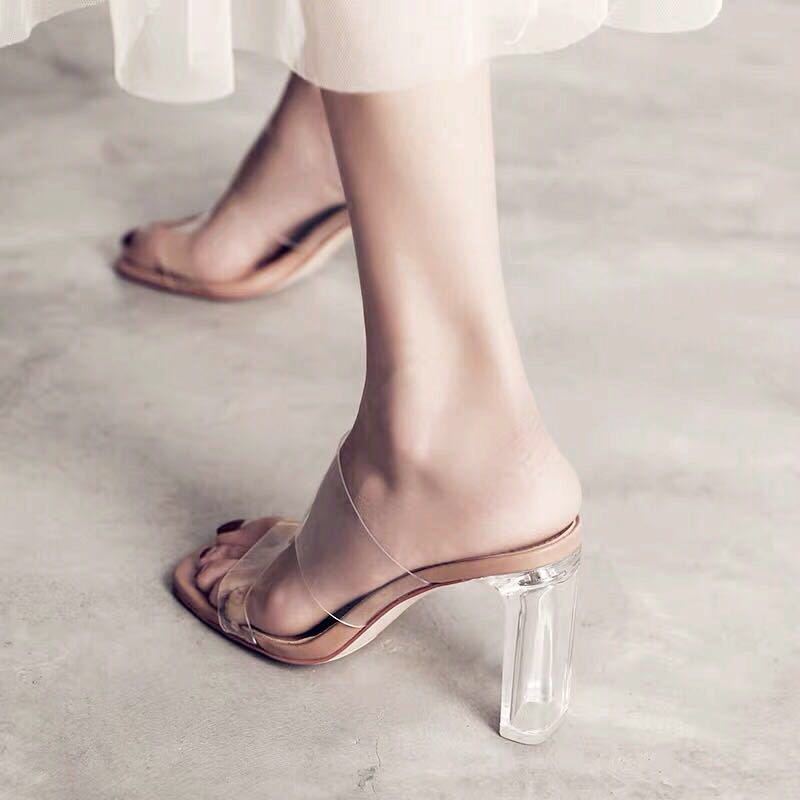 Women's Clear Chunky Heel Sandas, Transparent Open Toe & Square Toe Shoes, PVC High Heels