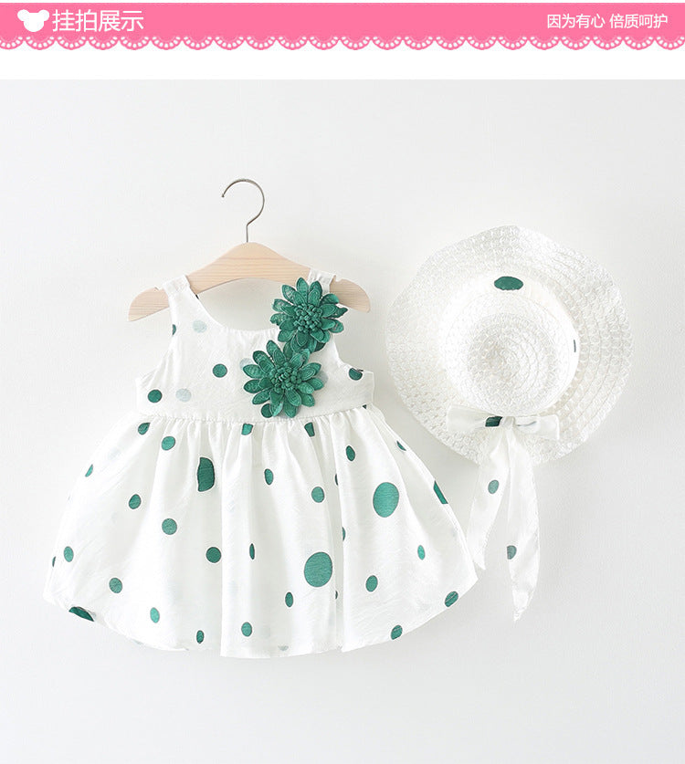 Polka Dot Floral Sleeveless Dress Sunhat Outfit