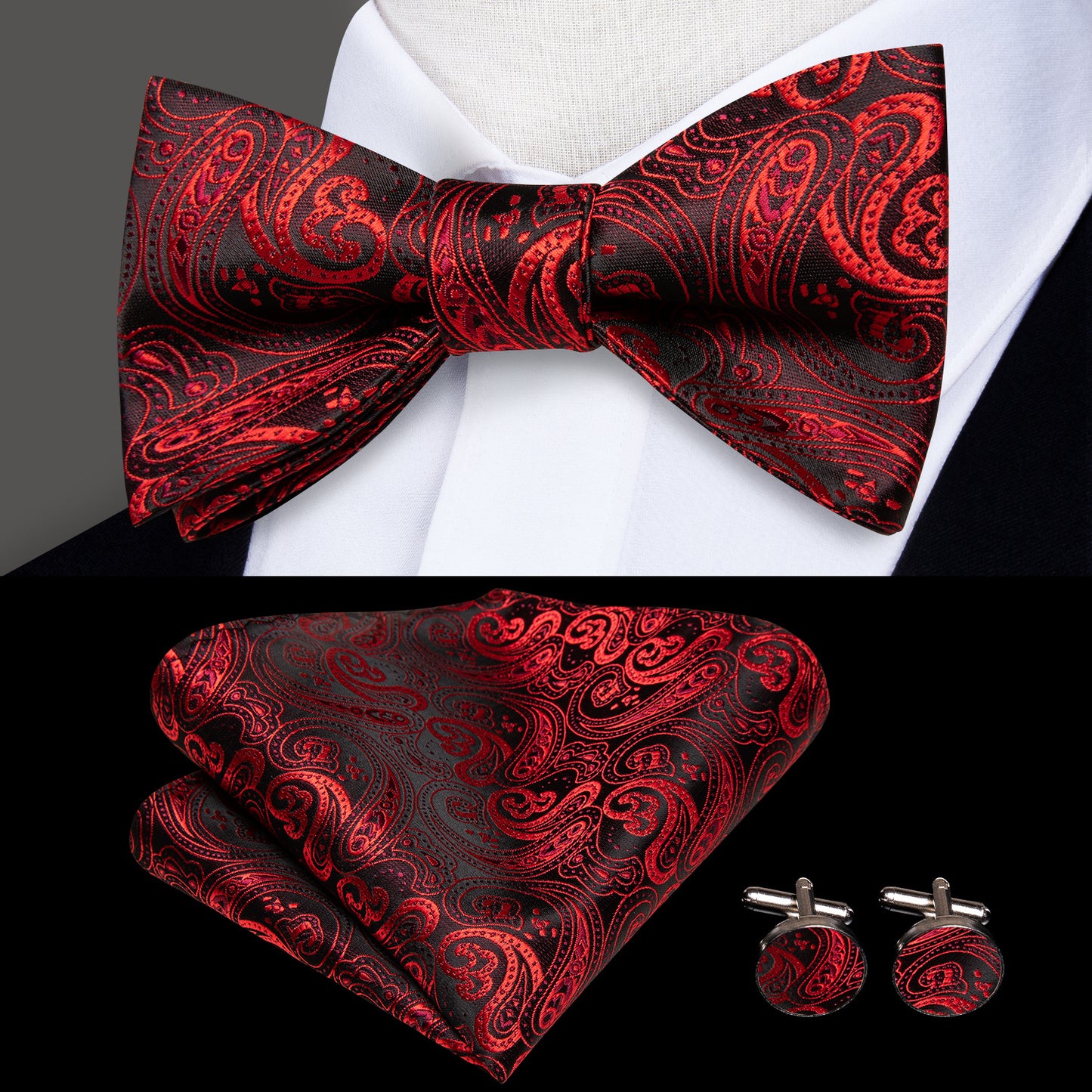 Men's Self Bow Ties Set Silk Necktie Bow Tie And Pocket Square Cufflinks Set Gift Box Packing