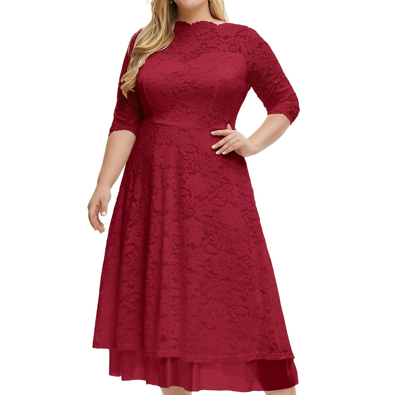 Plus Size Floral Print Contrast Mesh Half Sleeve Midi Dress, Women's Dress For Wedding