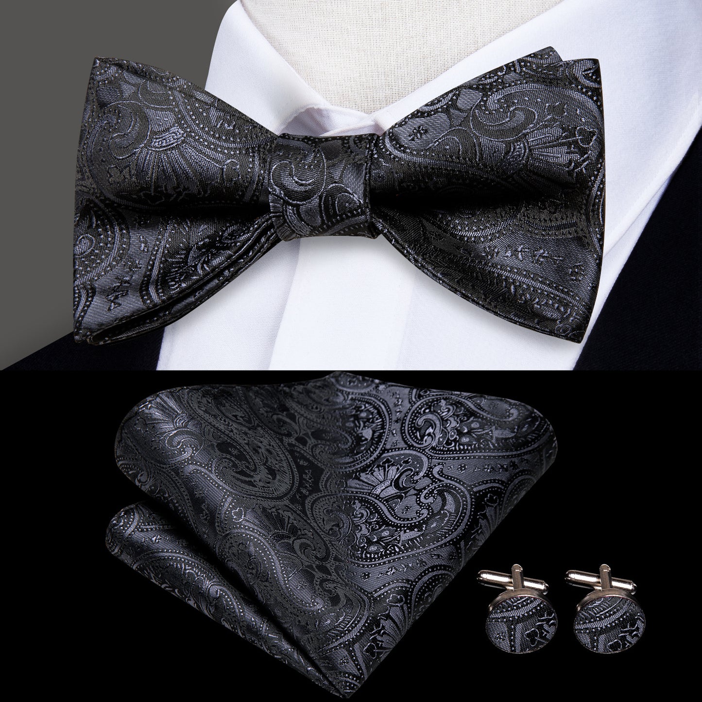 Men's Self Bow Ties Set Silk Necktie Bow Tie And Pocket Square Cufflinks Set Gift Box Packing