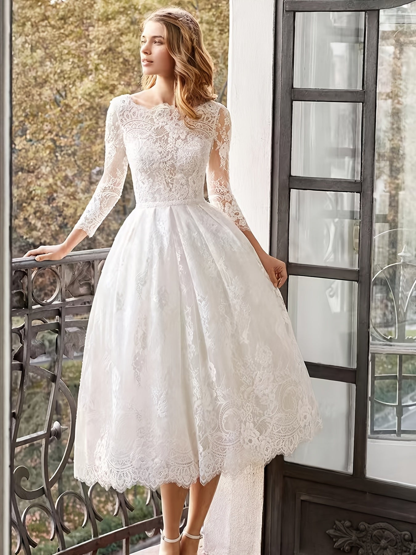 Lace Slim White Wedding Dress, Long Sleeve Gown Dress, Women's Clothing