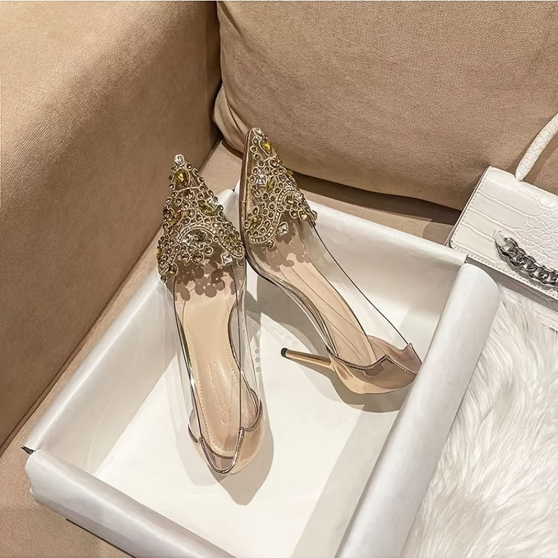 Women's Rhinestones Stiletto Heeled Pumps, Pointed Toe Slip On Dress High Heels, Wedding Shoes