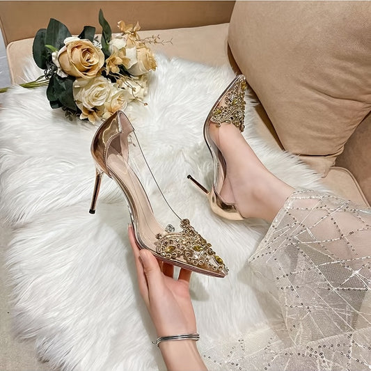 Women's Rhinestones Stiletto Heeled Pumps, Pointed Toe Slip On Dress High Heels, Wedding Shoes