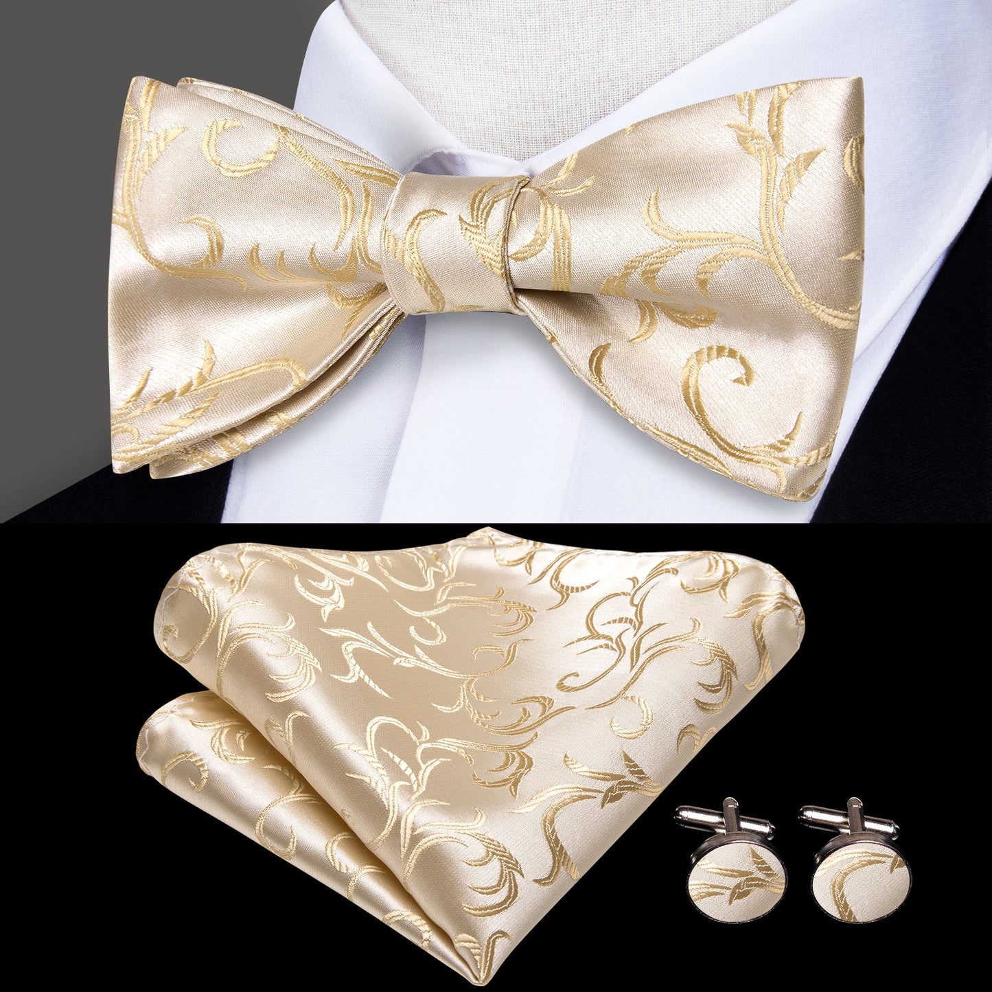 Men's Self Bow Ties Set Silk Necktie Bow Tie And Pocket Square Cufflinks Set Gift Box Packing