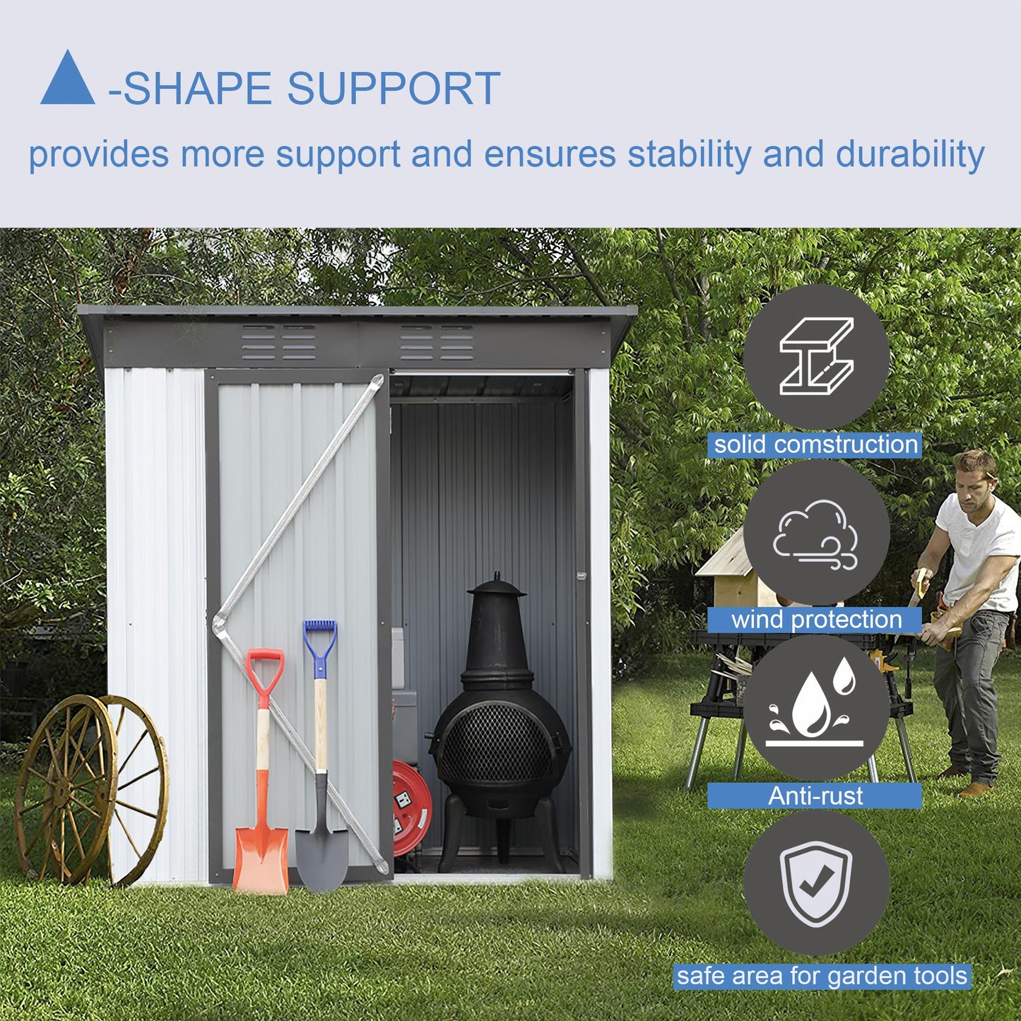 5 X 3 Ft Outdoor Storage Shed, Galvanized Metal Garden Shed With Lockable Doors, Tool Storage Shed