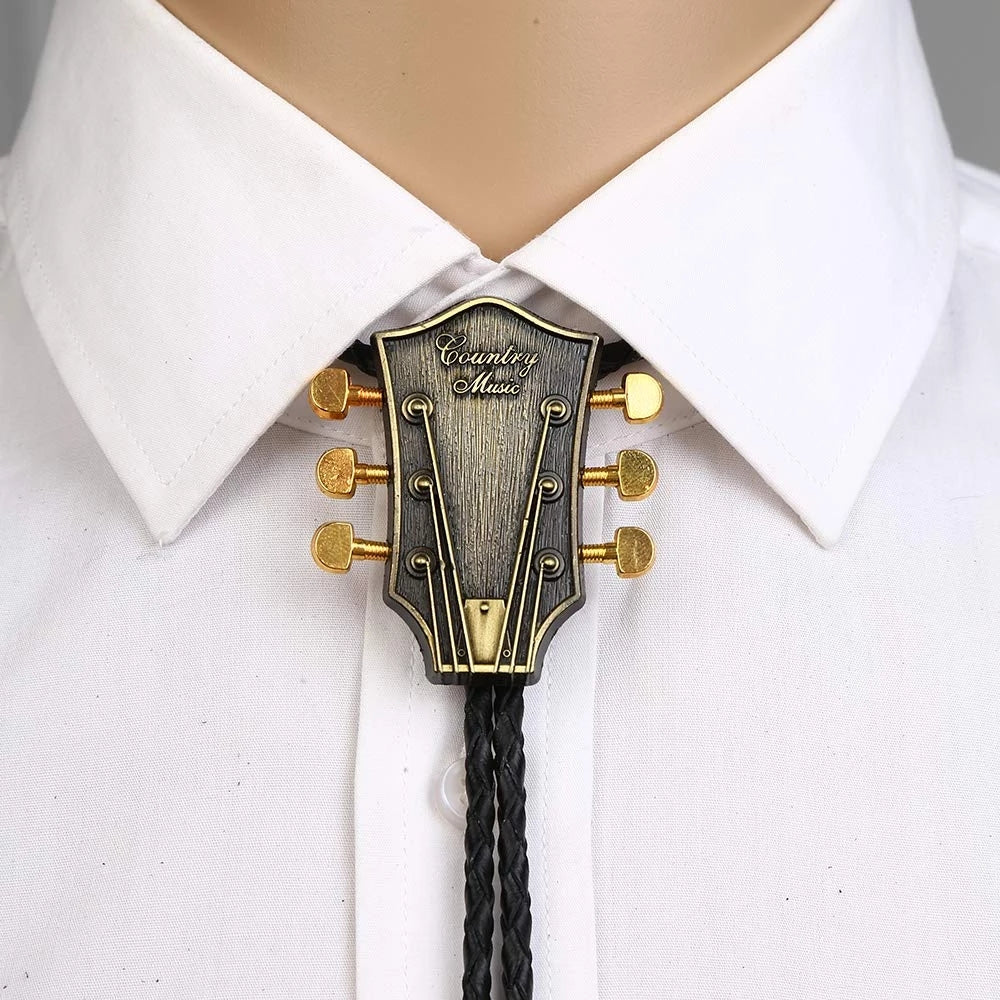 1pc Men's Bolo Tie Guitar Head, Copper And Silver Tie, Cowboy Western Rope Zinc Alloy Tie