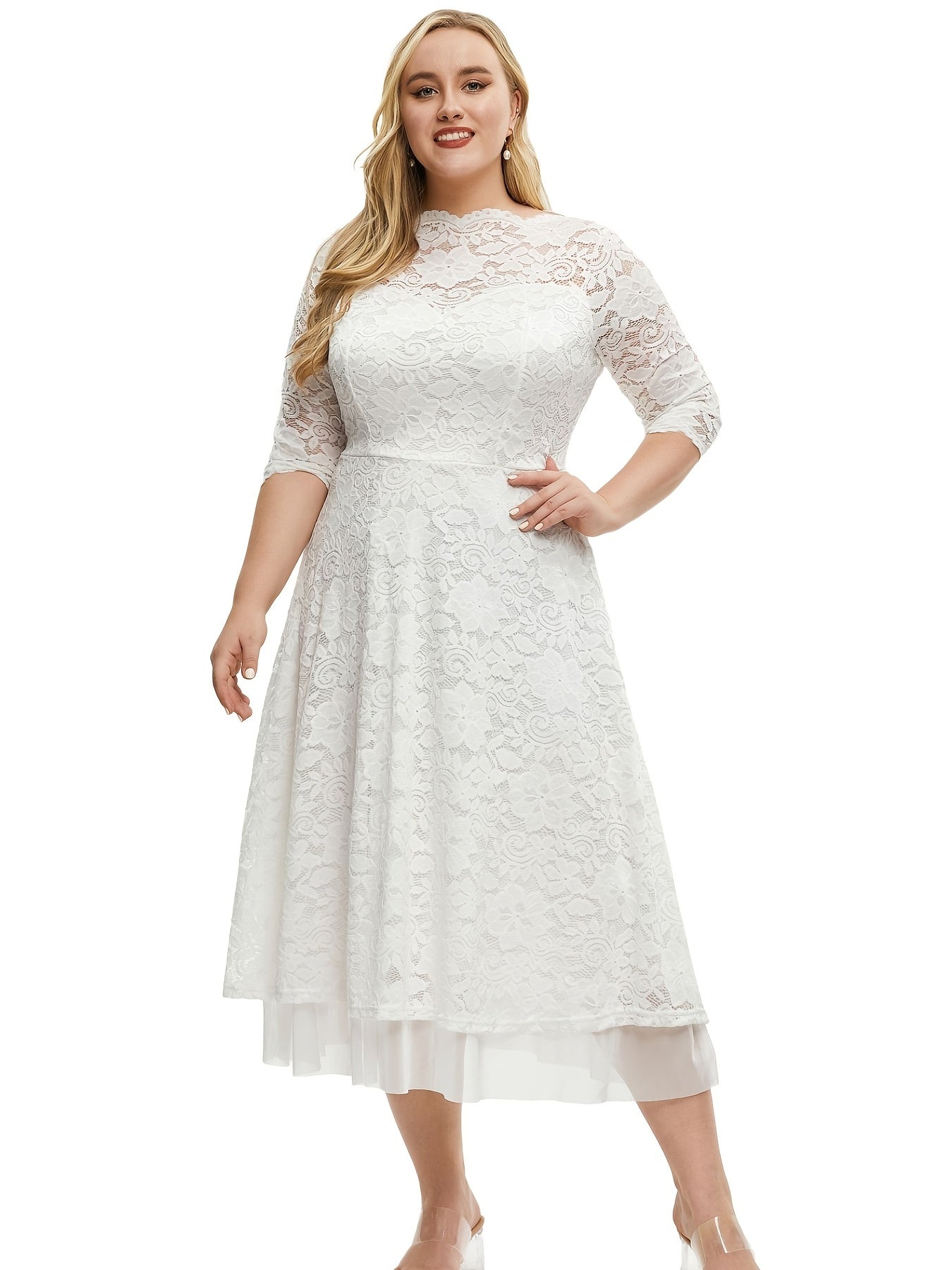 Plus Size Floral Print Contrast Mesh Half Sleeve Midi Dress, Women's Dress For Wedding