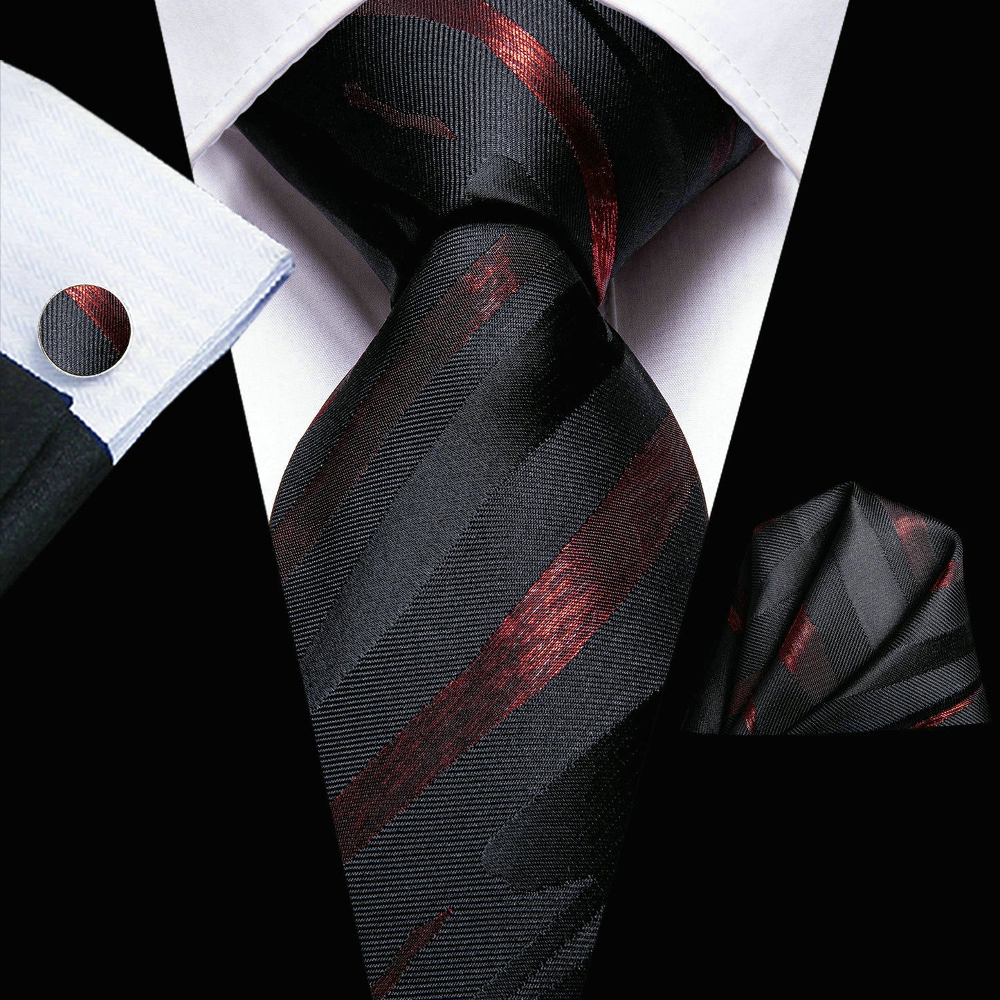 Men's Hi-Tie Classic Fashion Striped Necktie Set With Cufflinks