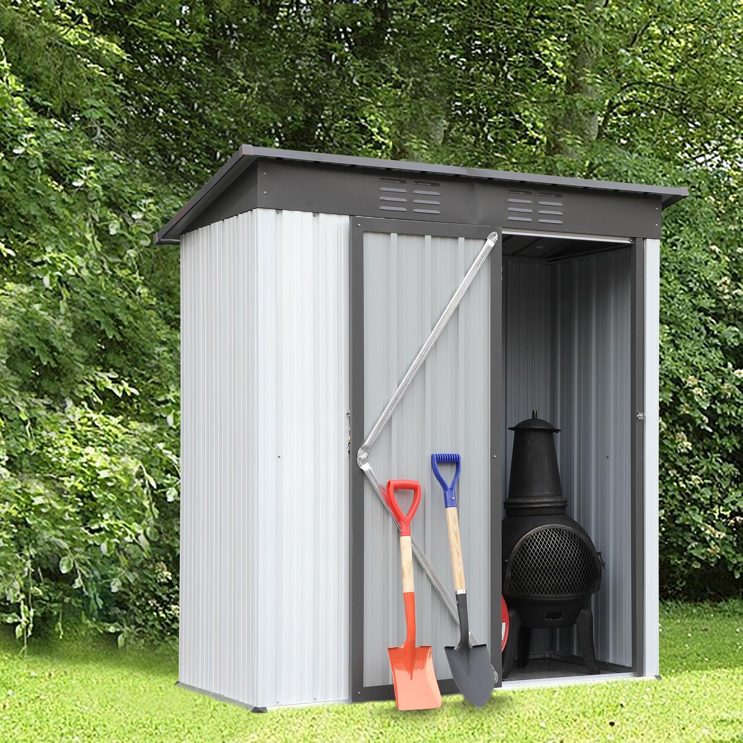 5 X 3 Ft Outdoor Storage Shed, Galvanized Metal Garden Shed With Lockable Doors, Tool Storage Shed