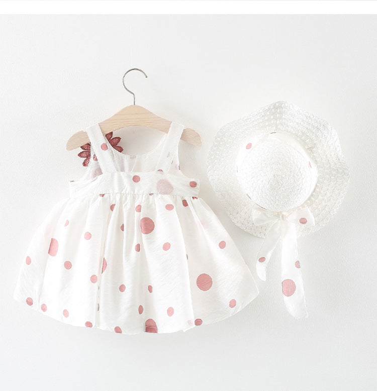 Polka Dot Floral Sleeveless Dress Sunhat Outfit