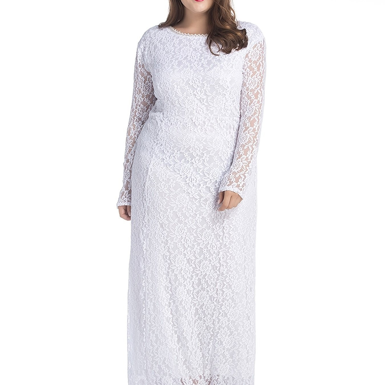 Plus Size Contrast Lace Round Neck Dress, Women's Plus Elegant Wedding Bridal Long Dress For Wedding