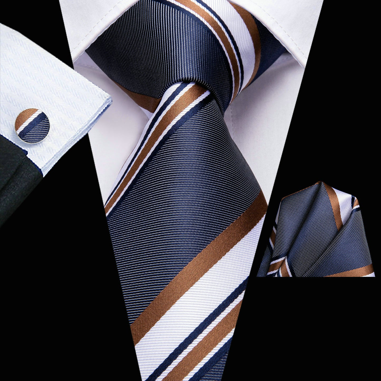 Men's Hi-Tie Classic Fashion Striped Necktie Set With Cufflinks