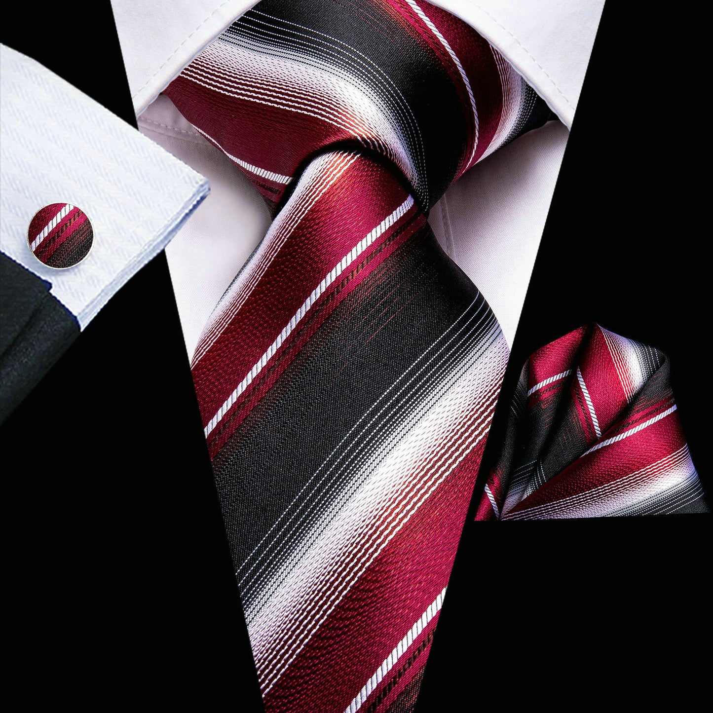 Men's Hi-Tie Classic Fashion Striped Necktie Set With Cufflinks