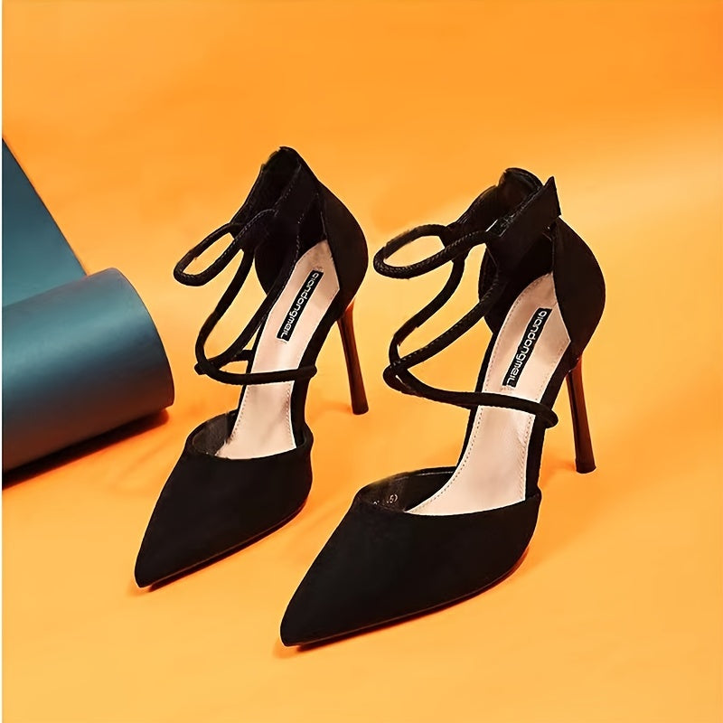 Women's Black Crisscross Strappy Pointed Toe Stiletto Heeled Shoes, Lace Up Wedding Pumps, Women's Footwear