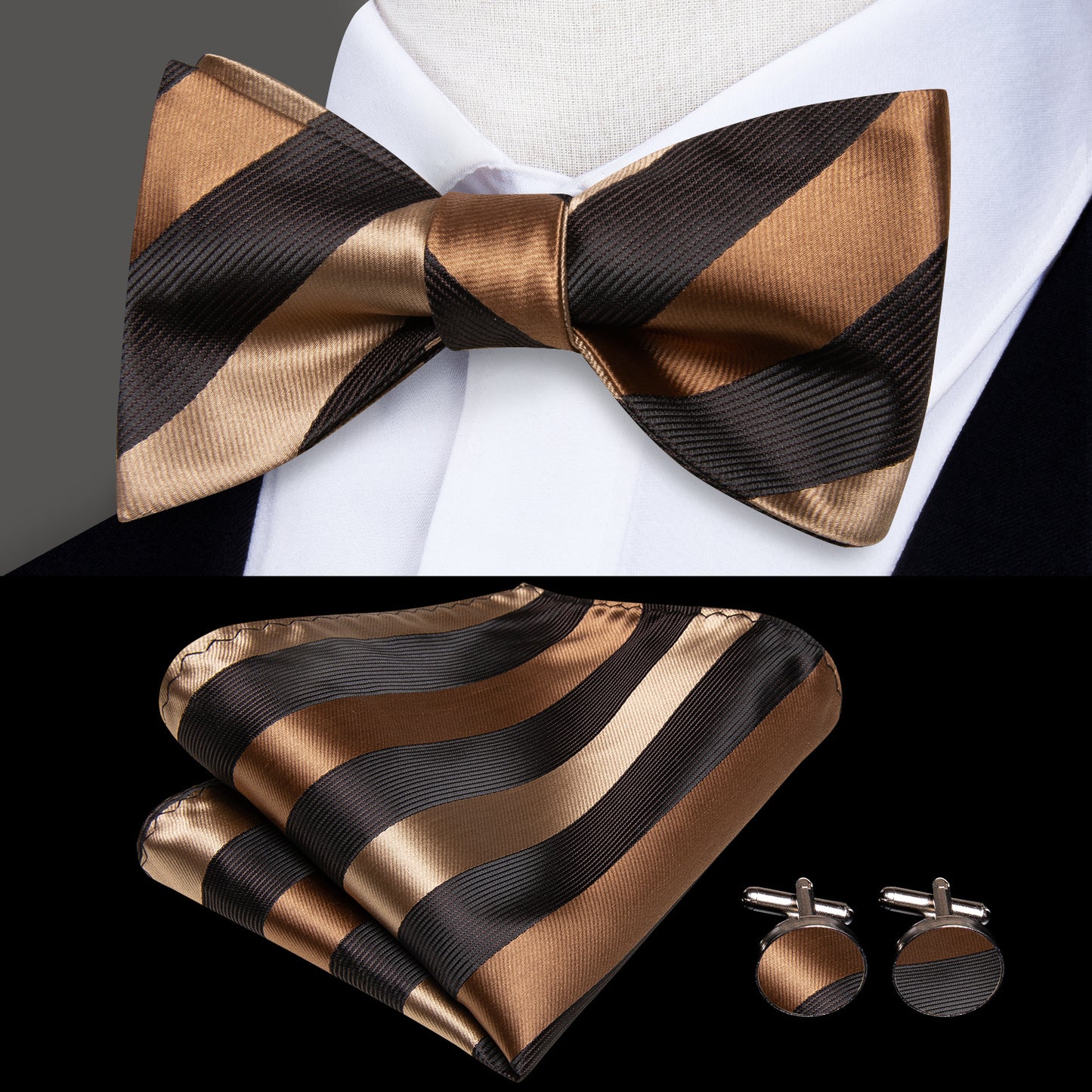 Men's Self Bow Ties Set Silk Necktie Bow Tie And Pocket Square Cufflinks Set Gift Box Packing