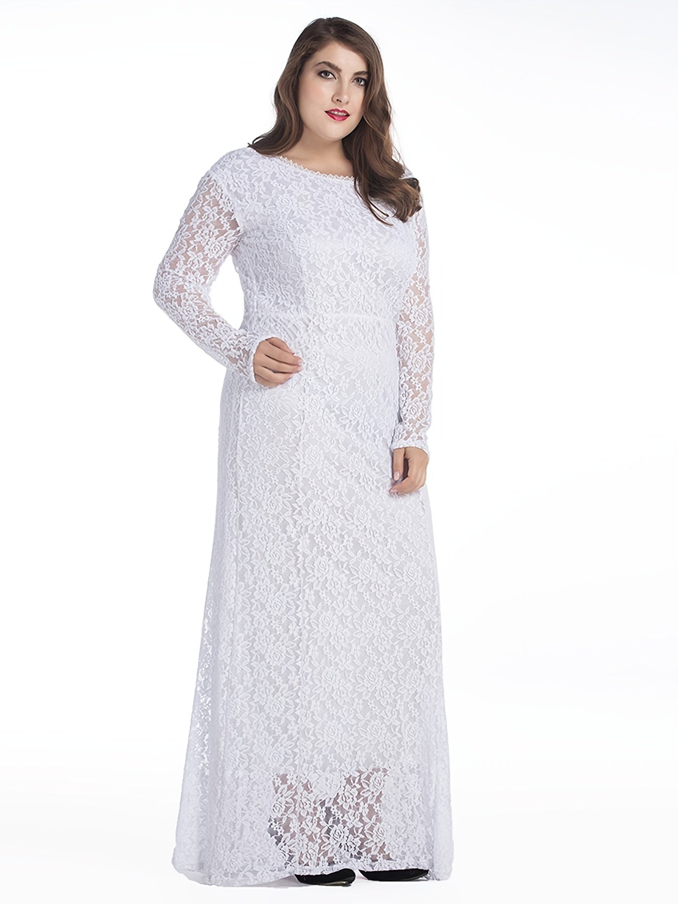 Plus Size Contrast Lace Round Neck Dress, Women's Plus Elegant Wedding Bridal Long Dress For Wedding