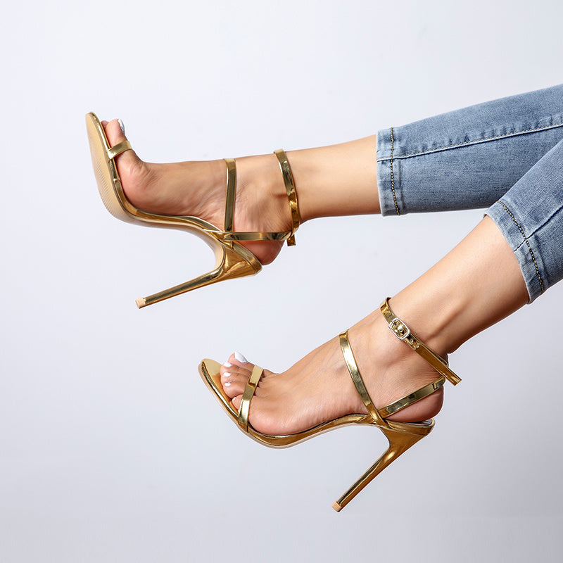 Women's Gold Color Stiletto Heeled Sandals, Ankle Strap Open Toe High Heels, Party & Going Out Sandals