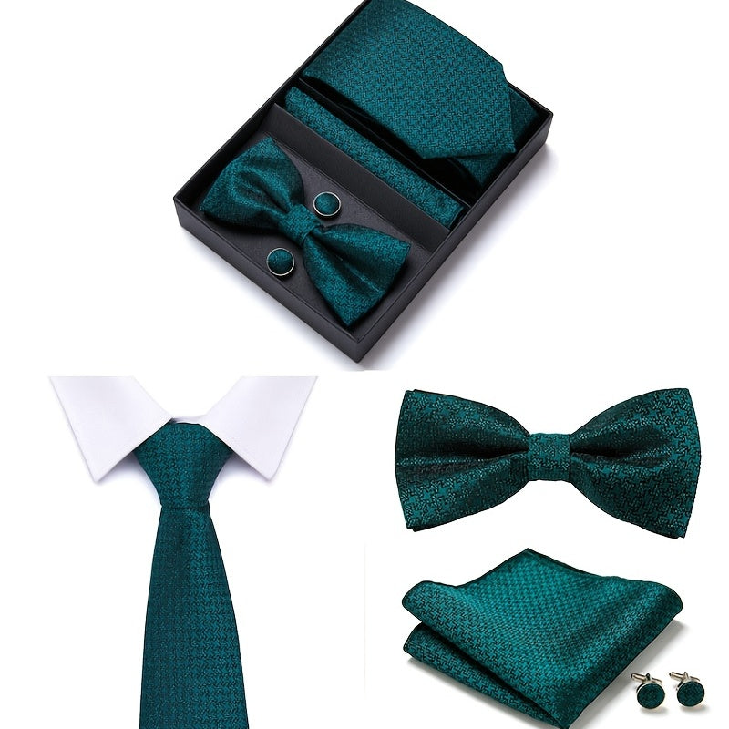 Men's Bow Tie Set Gift Box 6pcs/Set, The Set Includes Tie, Bow Tie, Square Scarf, Cufflinks, Black Gift Box, Green Series