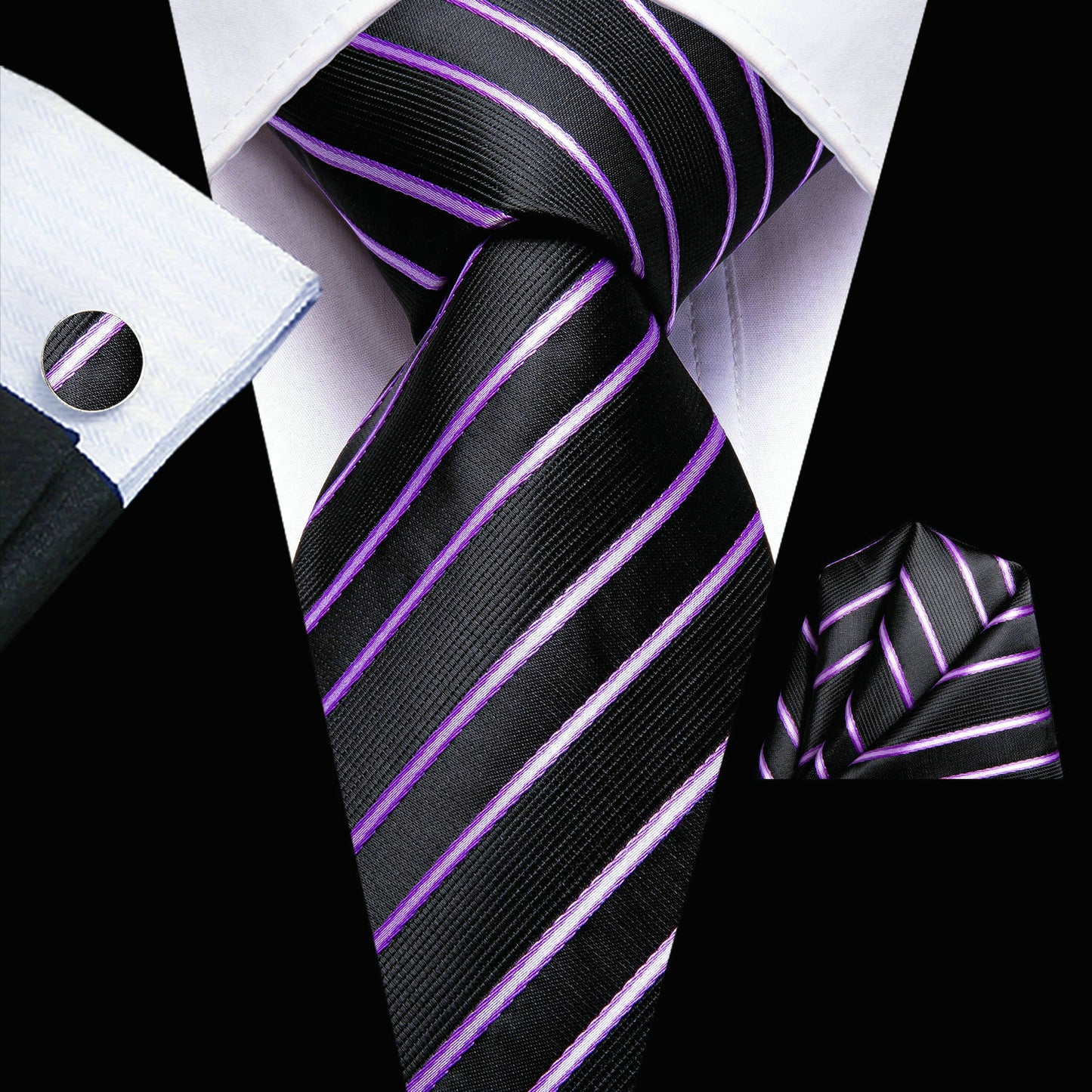 Men's Hi-Tie Classic Fashion Striped Necktie Set With Cufflinks