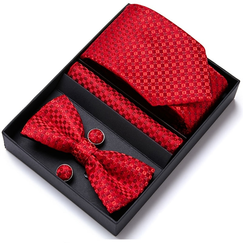 Men's Bow Tie Set Gift Box 6-piece Set, The Set Includes Tie, Bow Tie, Square Scarf, Cufflinks, Black Gift Box, Red Series