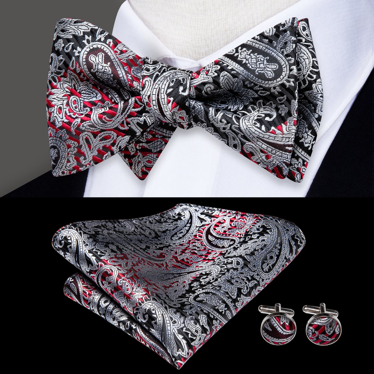 Men's Self Bow Ties Set Silk Necktie Bow Tie And Pocket Square Cufflinks Set Gift Box Packing