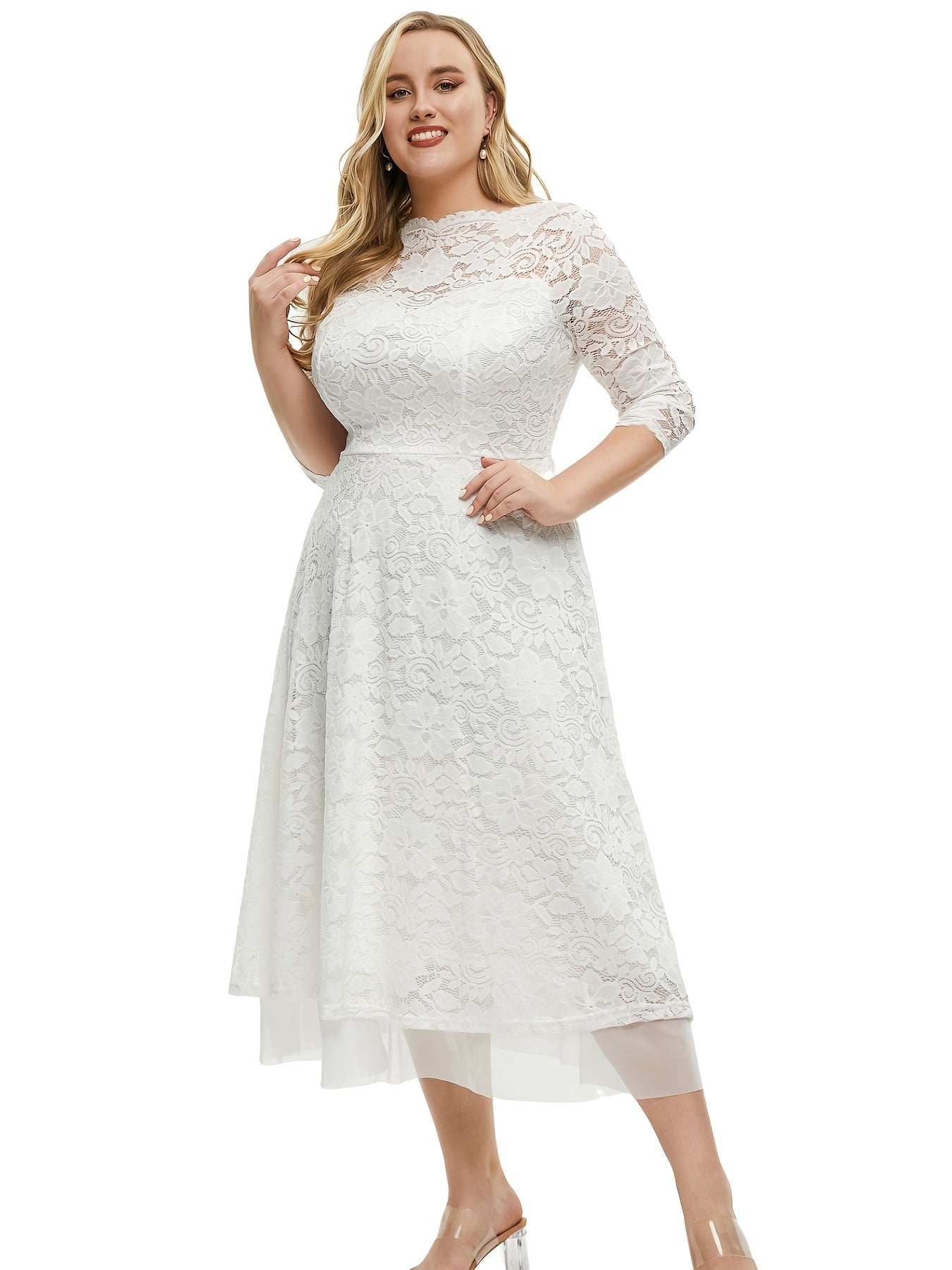 Plus Size Floral Print Contrast Mesh Half Sleeve Midi Dress, Women's Dress For Wedding