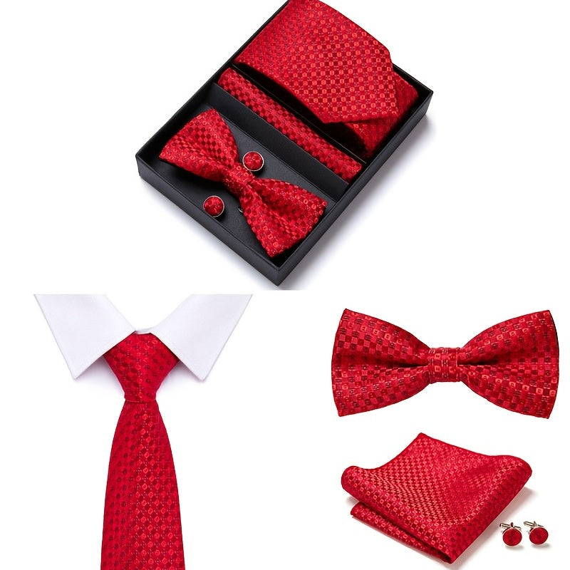 Men's Bow Tie Set Gift Box 6-piece Set, The Set Includes Tie, Bow Tie, Square Scarf, Cufflinks, Black Gift Box, Red Series