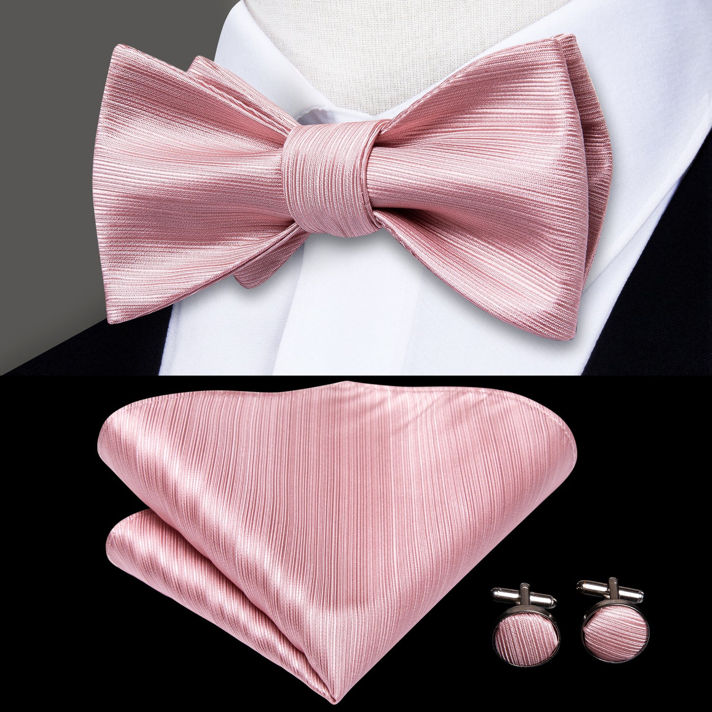 Men's Self Bow Ties Set Silk Necktie Bow Tie And Pocket Square Cufflinks Set Gift Box Packing