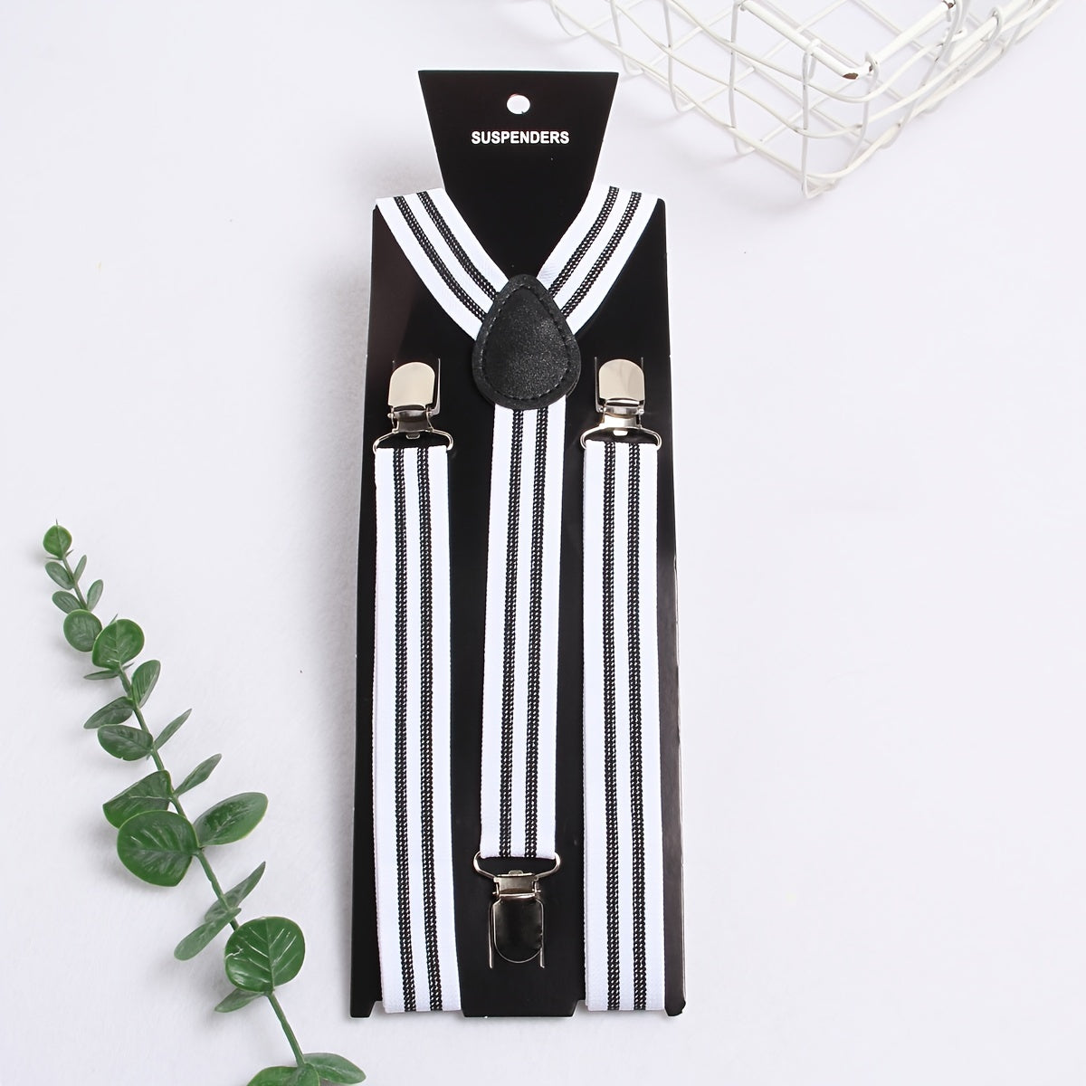 1pc Men's Striped Elastic Webbing Suspenders, 3 Iron Buckles Suspenders