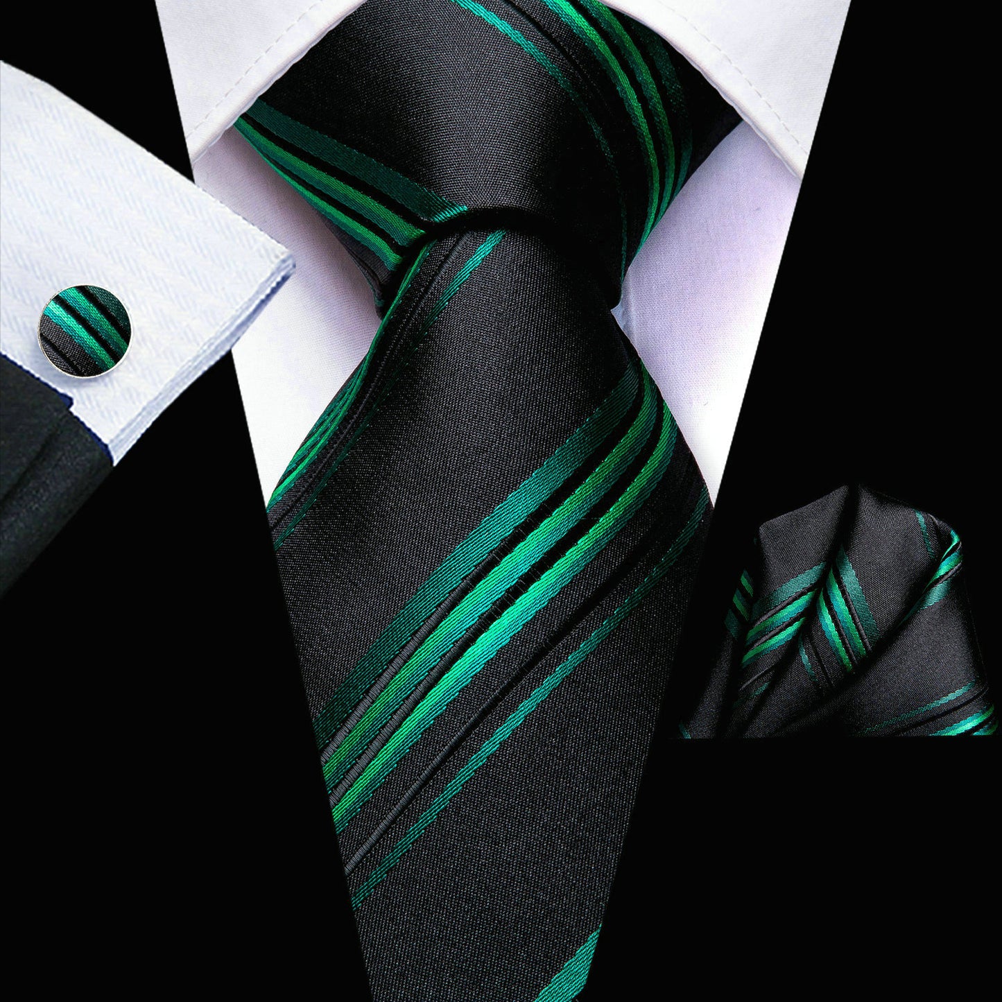 Men's Hi-Tie Classic Fashion Striped Necktie Set With Cufflinks